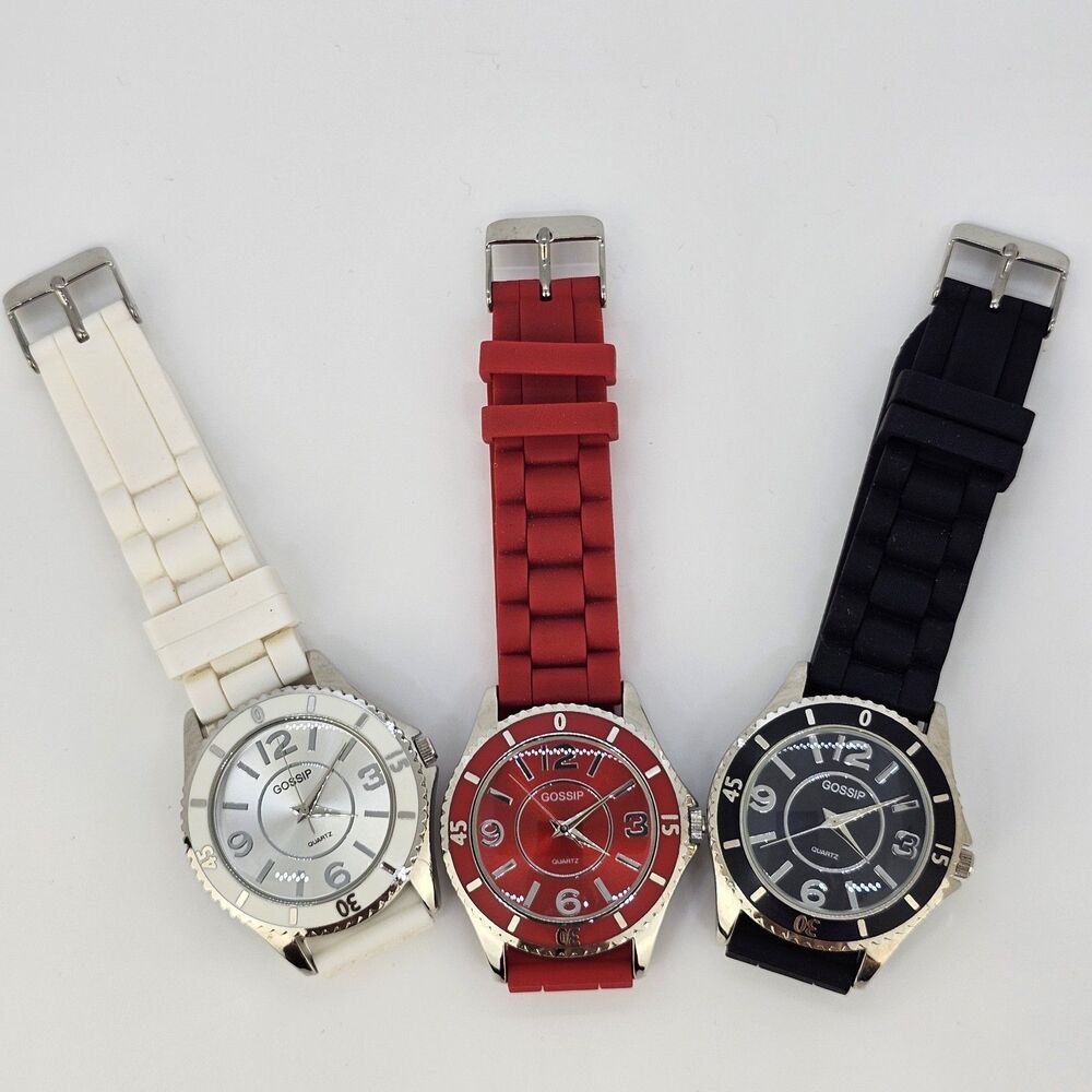 3X Gossip Women's Watch 40MM White Red Black Dial Plastic Bands New Battery